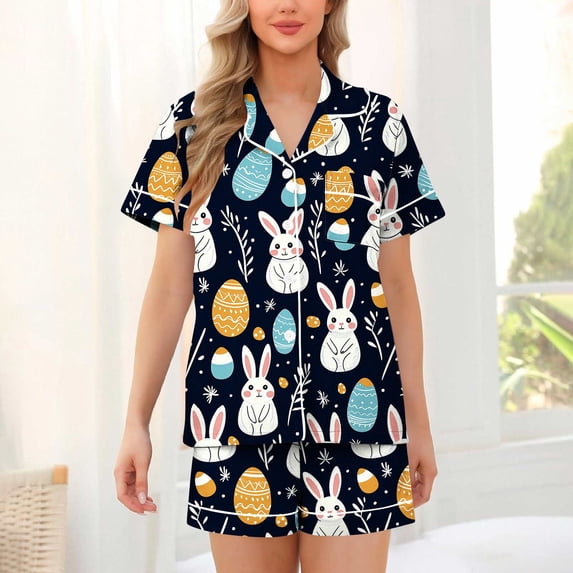 Goodtrade8 Button up Pajamas Sets for Women Easter Short Sleeve Homewear Summer Shorts & Tops 2 Pieces Casual Loungewear Pockets Lightweight Womens PJS PJS