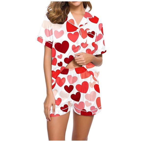 Goodtrade8 Button up Pajamas Sets for Women Shorts & Tops Heart Print Homewear Casual Summer Short Sleeve 2 Pieces Loungewear PJS Pockets Womens PJS Homewear