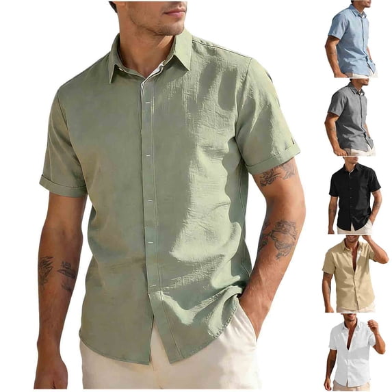 Goodtrade8 Button down Shirts for Men Summer Polo Dress Shirts Work Collar Short Sleeve Casual Cotton Linen Ropa Para Hombre Mens T-Shirts Gift for Men