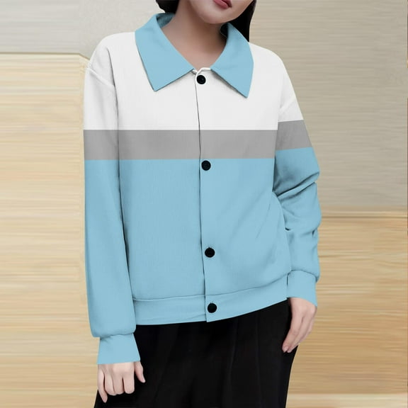 Goodtrade8 Button Winter Jackets for Women Color Block Outerwear Collared Lightweight Casual Long Sleeve Tops for Women 2025