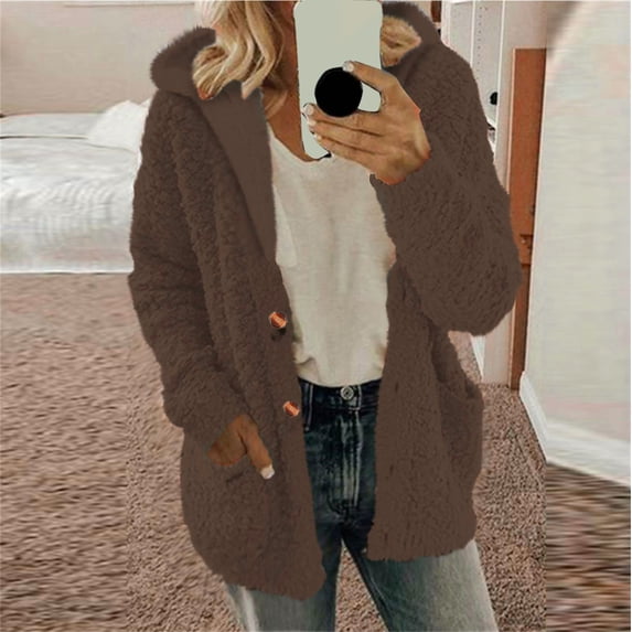 Goodtrade8 Button Womens Coats Fleece Hooded Long Sleeve Casual Pocket Solid Color Women Tops