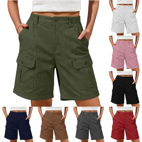Goodtrade8 Button Womens Hiking Cargo Shorts Summer Bermuda Short Solid Color Button Elastic Waist Women Short