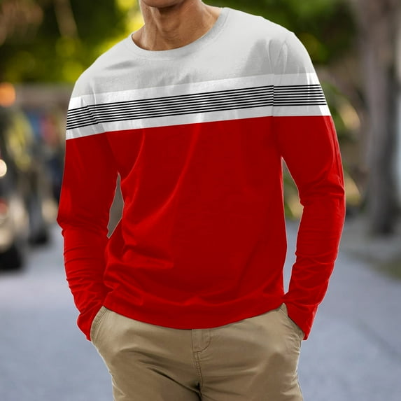 Goodtrade8 Casual Fall Tops for Men Color Block Red Crew Neck Long Sleeve Mens Shirts Plus Size