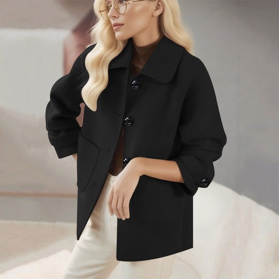 Goodtrade8 Coats for Women Plus Size Button Wool Coats Solid Color Loose Long Sleeve Casual Collared Women Winter Tops