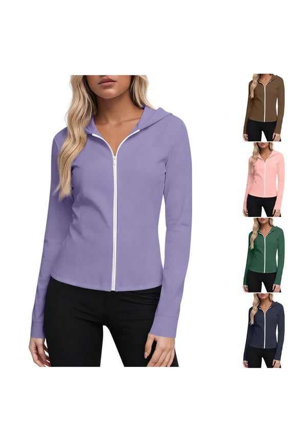 Coats for Women Winter Plus Size Zip up Pull-On Long Sleeve Casual Solid Color UPF Sun Protection Hooded Womens Tops for Winter