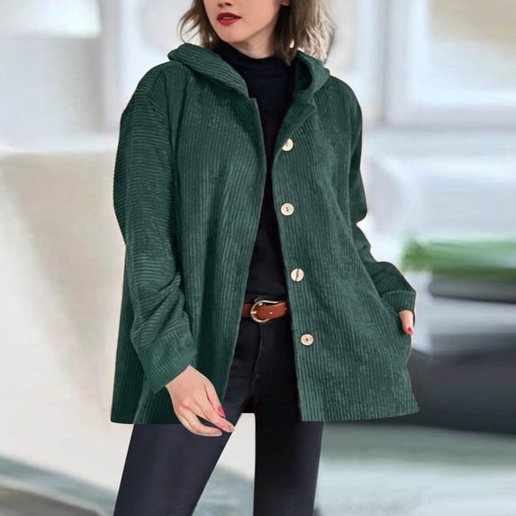 Goodtrade8 Coats for Women Winter Warm Hooded Corduroy Casual Long Sleeve Button Solid Color Women's Winter Tops,Sizes S-XXXL