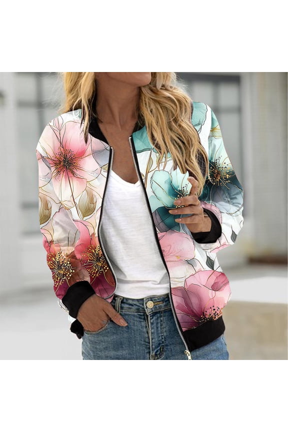 Coats for Women Winter Zip up Bomber Jacket Pocket Casual Graphic Women's Tops