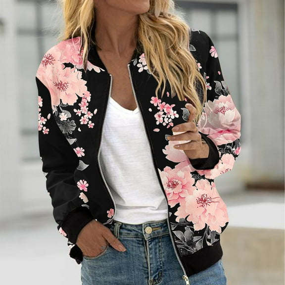 Goodtrade8 Coats for Women Winter Zip up Bomber Jacket Printed Casual Pocket Women Tops