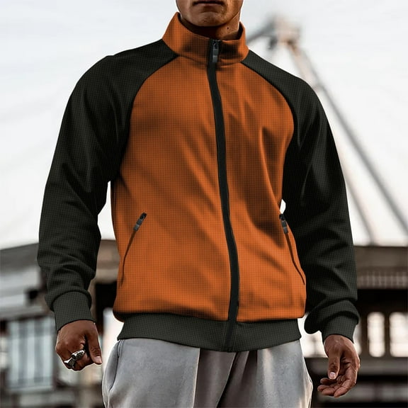 Goodtrade8 Color Block Big Mens Jackets Zip up Shirt Jacket Stand Collar Outdoor Casual Pocket Caramel Mens Coats