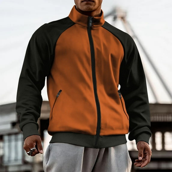 Goodtrade8 Color Block Mens Jackets Zip up Shirt Jacket Pocket Caramel Casual Stand Collar Outdoor Mens Coats Big and Tall