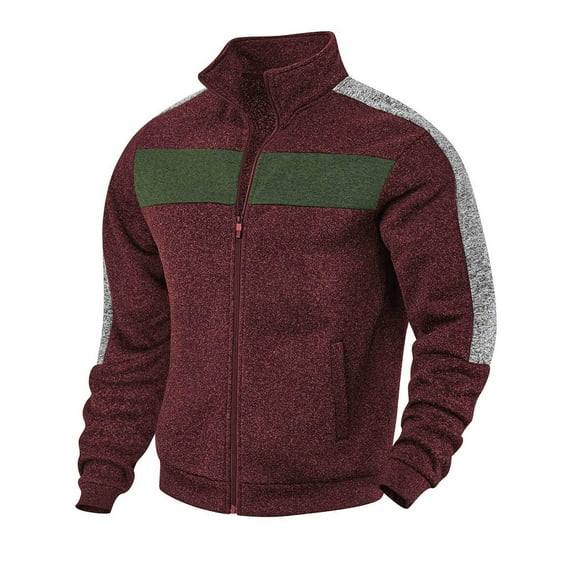 Goodtrade8 Color Block Mens Jackets Zip up Shirt Jacket Stand Collar Outdoor Pocket Red Casual Mens Coats