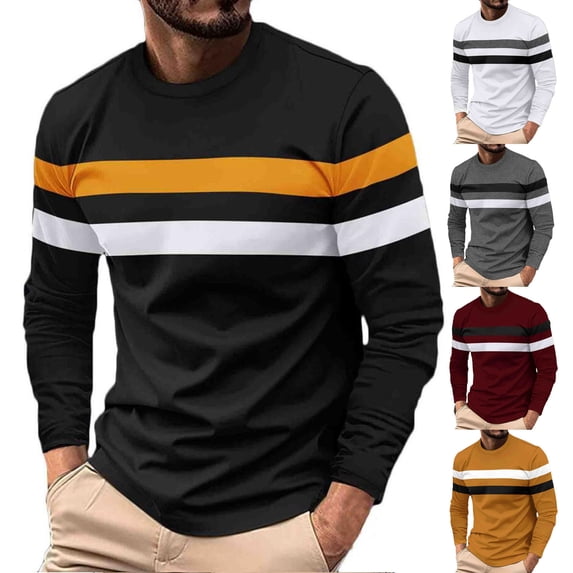 Goodtrade8 Color Block Winter Tops for Men Crew Neck Striped Casual Gold Long Sleeve Fall Shirts for Men