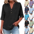 thumbnail image 1 of Goodtrade8 Cotton Linen T Shirts for Women Summer 3/4 Sleeve Blouses Tops Casual V-Neck Tunic Plain Button Down Summer Tops for Women, 1 of 8