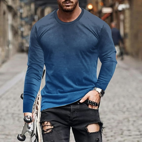 Goodtrade8 Crew Neck Mens Tops Long Sleeve Casual Gradient Long Sleeve Blue Long Sleeve Shirts for Men