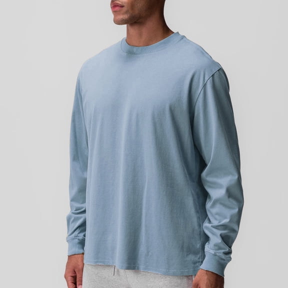 Goodtrade8 Crew Neck Mens Tops Long Sleeve Cotton Casual Long Sleeve Solid Color Light Blue Mens Shirts Plus Size