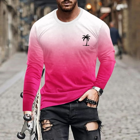 Goodtrade8 Crew Neck Winter Tops for Men 2025 Gradient Athletic Plus Size Long Sleeve Hot Pink Mens Shirts Plus Size