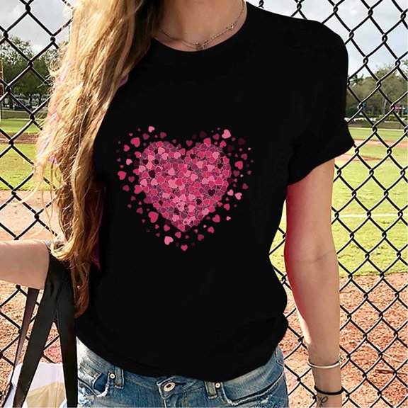 Goodtrade8 Crew Neck Womens T-Shirts Valentines Heart Valentines Women Cute Short Sleeve Printed Gifts Pullover Womens Spring Tops
