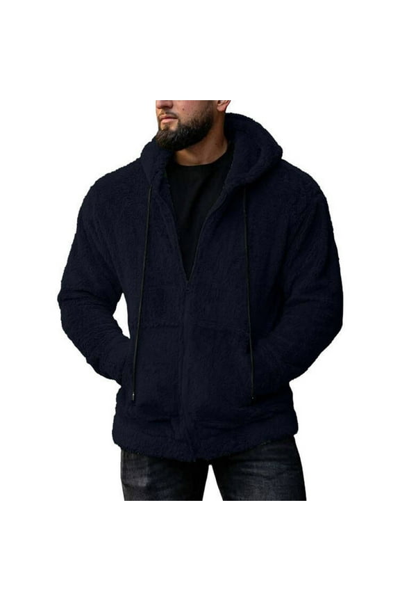 Drawstring Mens Jackets Fleece Pocket Long Sleeve Plain Casual Hooded Mens Coats and Jackets