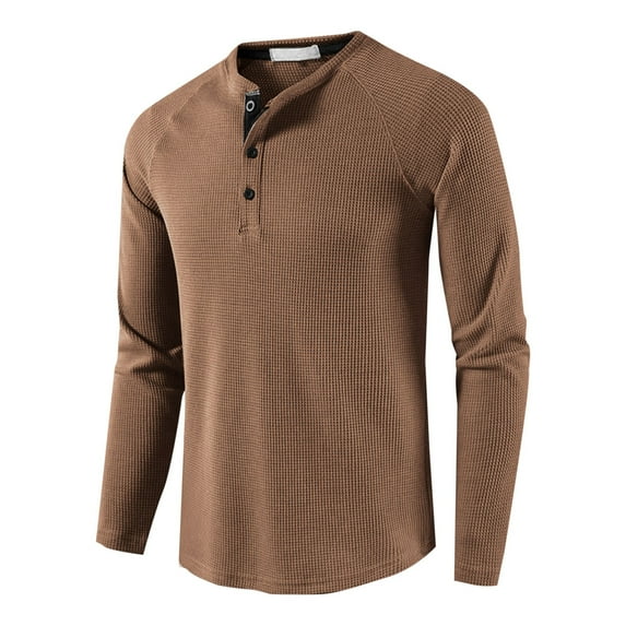 Goodtrade8 Fall Tops for Men Button Casual Waffle Knit Crew Neck Long Sleeve Solid Color Brown Long Sleeve Shirts for Men for the Winter