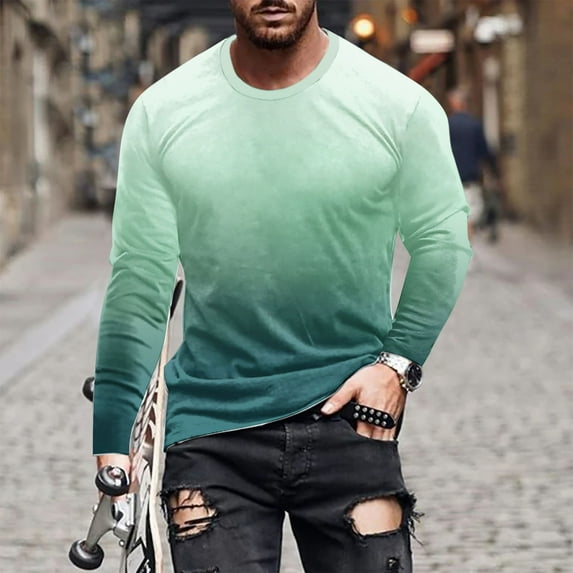 Goodtrade8 Fall Tops for Men Casual Long Sleeve Gradient Green Crew Neck Shirt Winter for Men