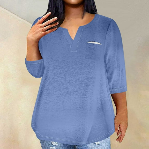 Goodtrade8 Fall Tops for Women Plus Size Plus Size Pocket Blue 3/4 Sleeve Casual Solid Color Fall Shirts for Women