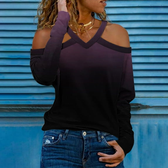 Goodtrade8 Fall and Winter Tops for Women Purple Cold Shoulder Gradient V-Neck Long Sleeve Casual Fall Shirts
