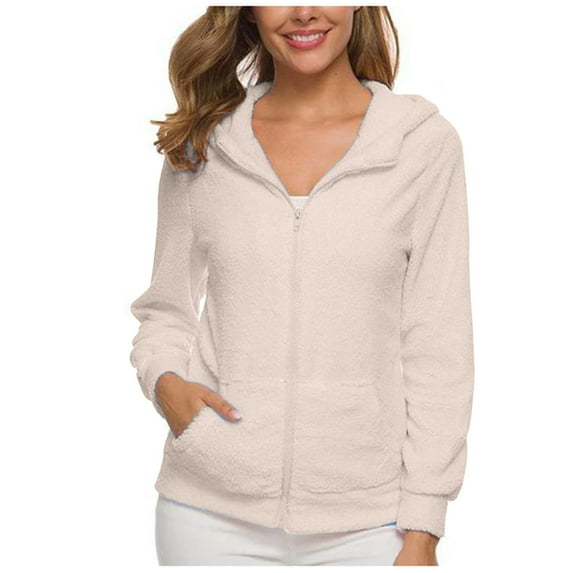 Goodtrade8 Fleece Coats for Women Plus Size Zip up Solid Color Casual Long Sleeve Hooded Womens Tops for Winter,Sizes S-XXXXXL