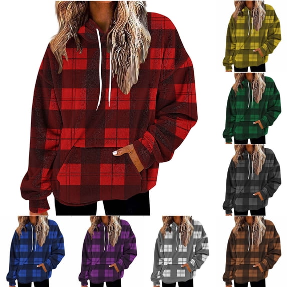 Goodtrade8 Fleece Sweatshirts Hoodies for Women Hooded Pullover Sweatshirt Long Sleeve Flannel Casual Checked Oversize Womens Hoodies