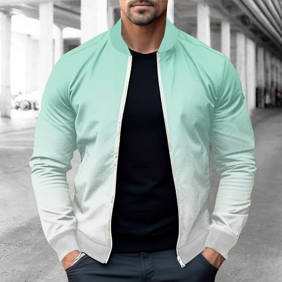 Goodtrade8 Gradient Jackets for Men Zip up Bomber Jacket Mint Green Crew Neck Outdoor Pocket Casual Mens Coats Big and Tall