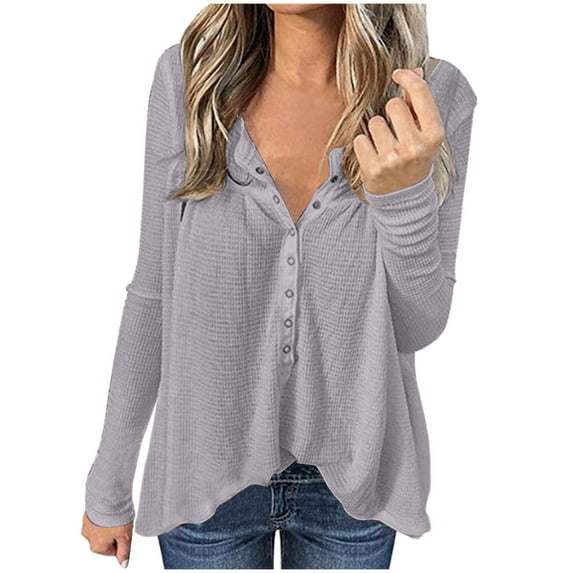 Goodtrade8 Gray Women's Plus Size Tops Solid Color Button V-Neck Long Sleeve Casual Plus Size Shirts for Women