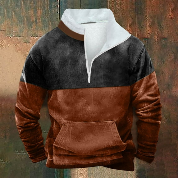 Goodtrade8 Half Zipper Winter Tops for Men Zip Mock Neck Color Block Long Sleeve Casual Sweatshirt