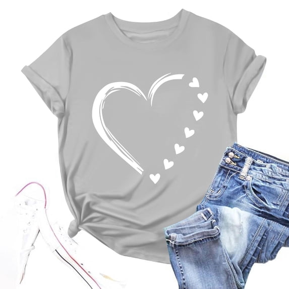 Goodtrade8 Heart Valentines Shirts Womens Short Sleeve Valentines Womens Clothes Love Cute Crew Neck Printed Casual Womens T-Shirts