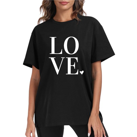 Goodtrade8 Heart Valentines Womens Shirts Crew Neck Women Valentine's Day Pullover Short Sleeve Cute Gifts Printed Tops for Women