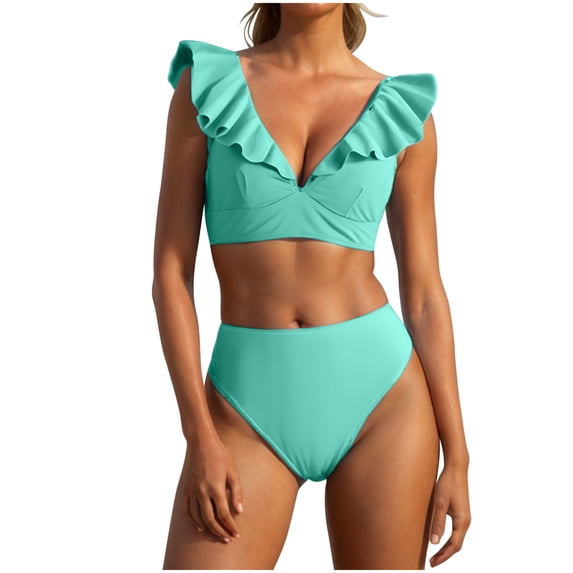 Goodtrade8 High Waisted 2 Piece Swim Suit Women Bikini Swim Ruffle Summer Solid Color Swimwear Women