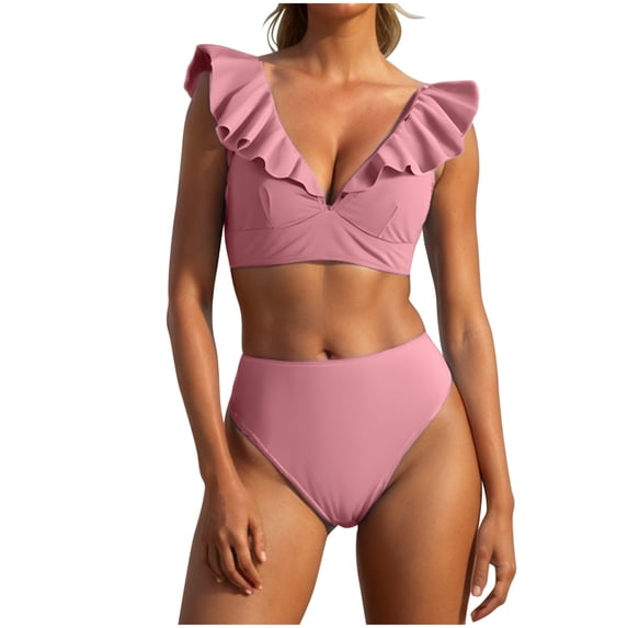 Goodtrade8 High Waisted Swimsuits for Women Two Piece Bikini Swim Ruffle Summer Solid Color Womens Swimwear