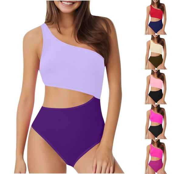 Goodtrade8 High Waisted Womens One Piece Bathing Suit Tankini Swimming Hollow-Out One Shoulder Color Block Swimming Suits