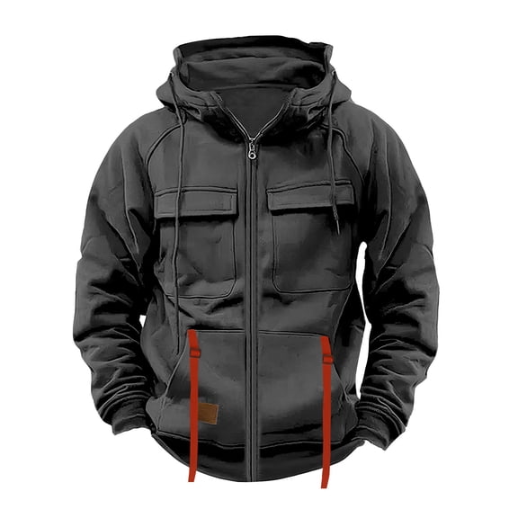 Goodtrade8 Hooded Jackets for Men Zipper Winter Outwear Cargo Warm Multi Pocket Long Sleeve Mens Coats Solid Color