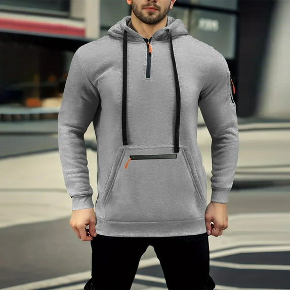 Goodtrade8 Hooded Sweatshirt Plain Quarter Zipper Drawstring Pocket Athletic Long Sleeve Hoodies for Men