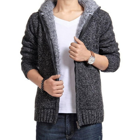 Goodtrade8 Jackets for Men Winter Hooded Fleece Zip up Long Sleeve Dark Gray Casual Pocket Plain Winter Coats for Men