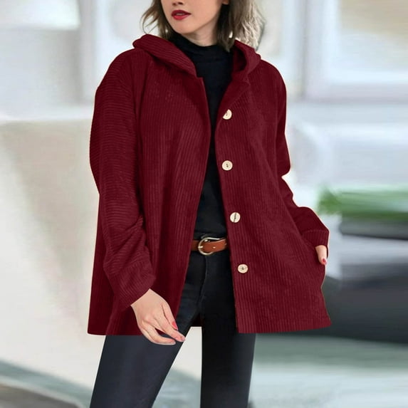 Goodtrade8 Jackets for Women Hooded Warm Corduroy Solid Color Casual Long Sleeve Button Womens Tops for Winter,Sizes S-XXXL