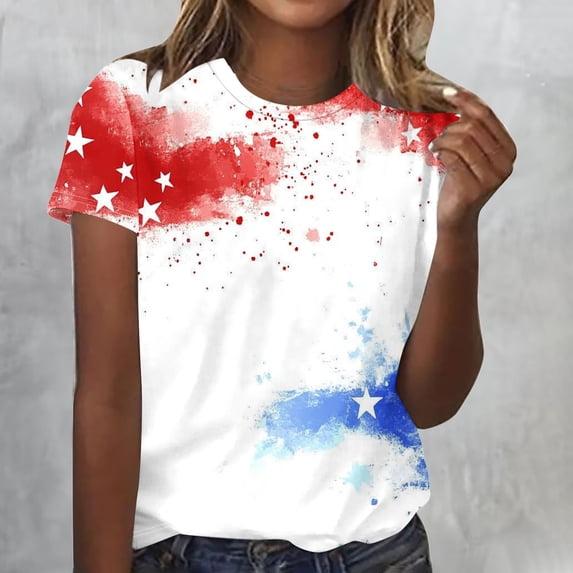 Goodtrade8 July 4th T Shirts for Women Short Sleeve Red White and Blue Pullover American Flag Red White and Blue , Casual Summer Crew Neck Fashion Womens Tops Graphic