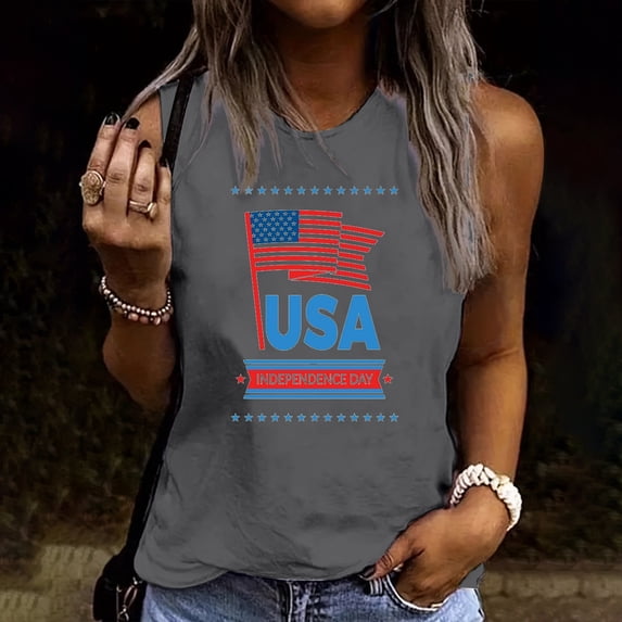Goodtrade8 July 4th Tank Tops for Women American Flag Pullover Red White and Blue Casual Sleeveless Shirts Summer Patriotic Crew Neck Womens Tanks Sports