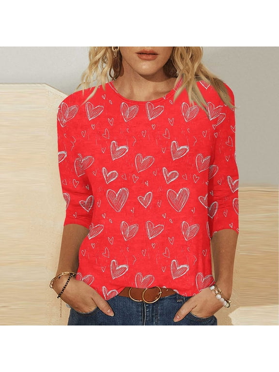 Juniors 3/4 Sleeve Shirts Plus Size Pullover Spring Valentine Summer Gifts for Girlfriend Crew Neck Tops for Women Graphic