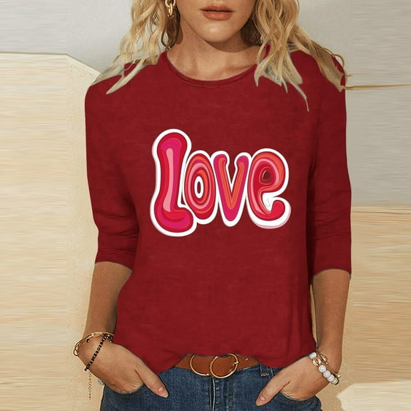 Goodtrade8 Juniors Plus Size Tops Valentine Pullover Spring Crew Neck Summer 3/4 Sleeve Graphic T-Shirts for Women Gifts for Girlfriend
