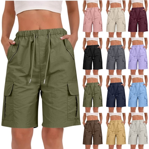 Goodtrade8 Knee Length Cargo Shorts Women Summer Bermuda Short Solid Color Drawstring Athletic Womens Shorts