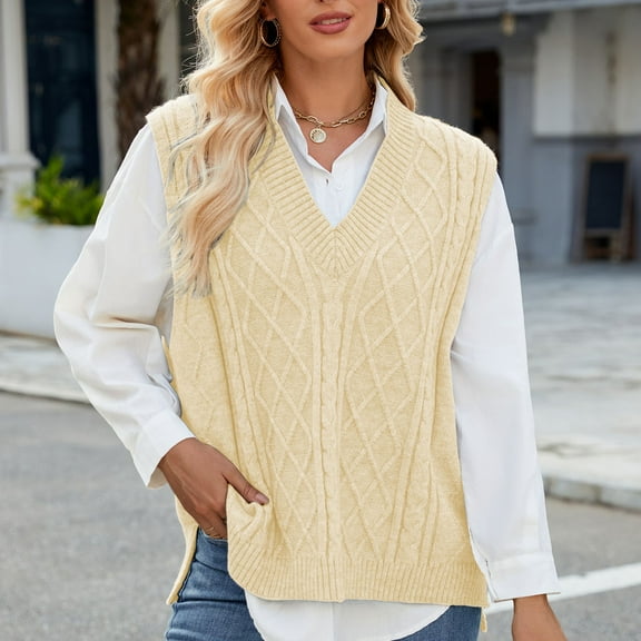 Goodtrade8 Knitted Womens Sweaters Thick Sweater Vests V-Neck Sleeveless Casual Solid Color Sweater Women Top