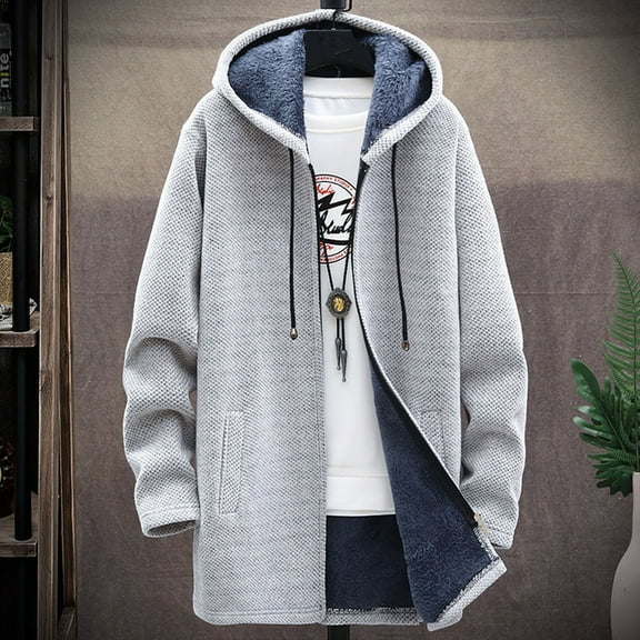 Goodtrade8 Length Mens Coats Jackets Fleece Zip up Long Sleeve Hooded Casual Plain Coats for Men