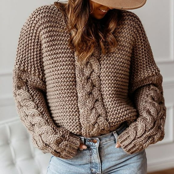 Goodtrade8 Light Sweaters for Women Warm Casual Brown Solid Color Long Sleeve Sweater Tops for Women