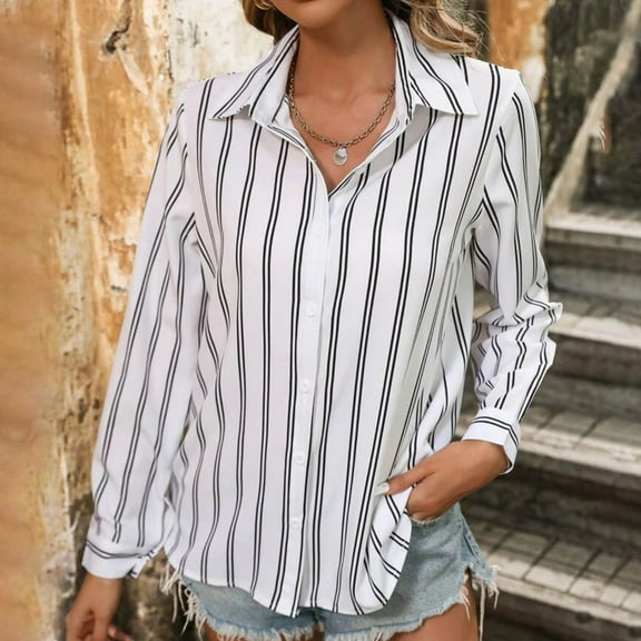 Goodtrade8 Lightweight Blouses for Women Striped Long Sleeve Collared Casual Button Womens Tops for Winter