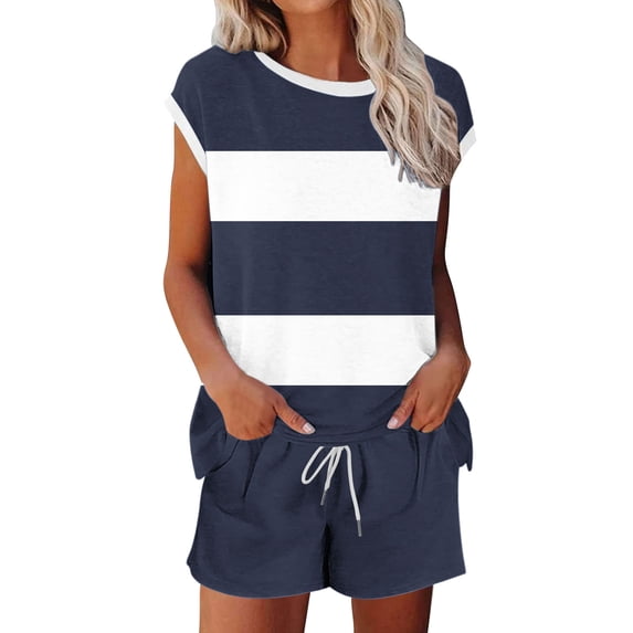 Goodtrade8 Lightweight Pajama Set 2 Piece Short Sleeve Color Block Crew Neck Casual Loungewear Womens Pjs